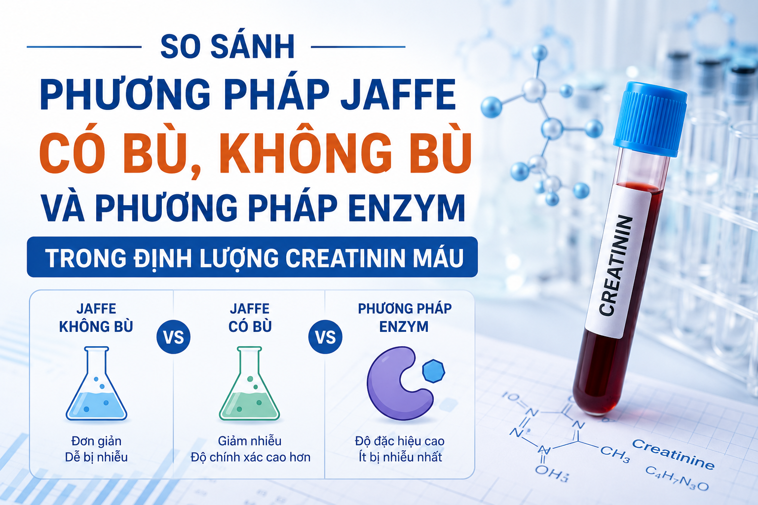 So sánh phương pháp Jaffe có bù, không bù và phương pháp enzym trong định lượng creatinin máu